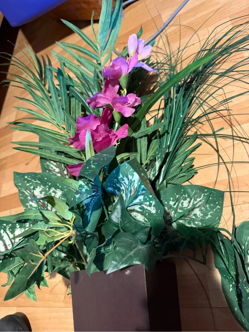 Artificial Tropical Planter Pink Flowers Green Foliage vase home decor